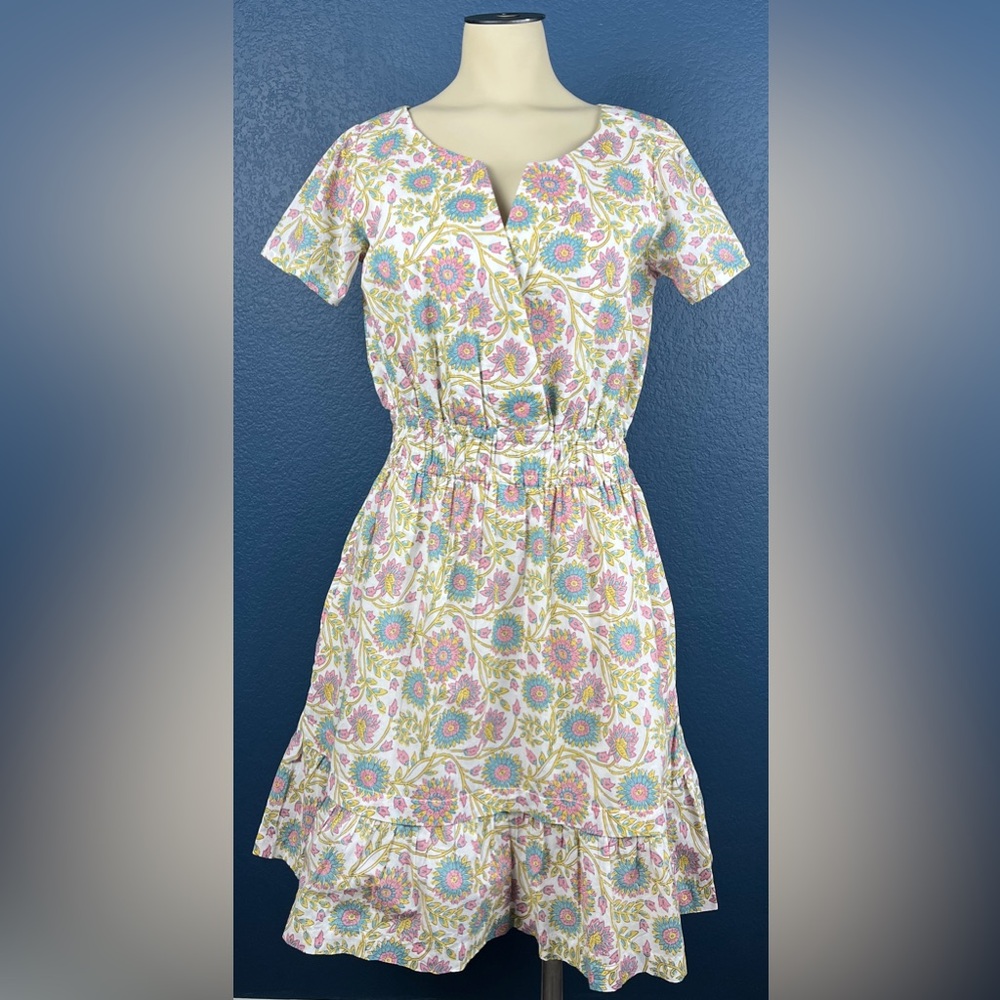 Hope & Henry Floral Dress With Ruffle Accents Short Sleeve Cotton